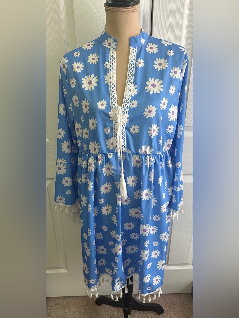 Blue Daisy Print Mini Dress with Tassel Tie